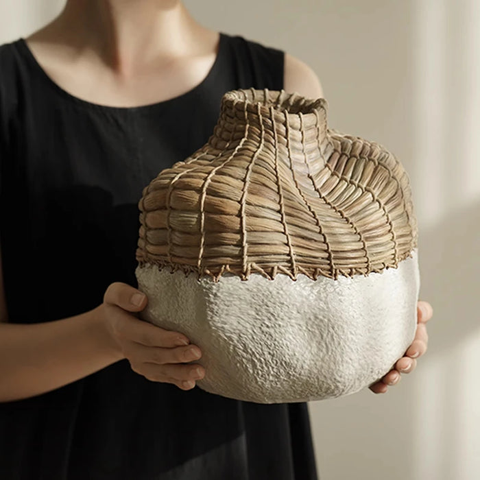 Decorative Resin Flower Vase with Rattan Patchwork Design