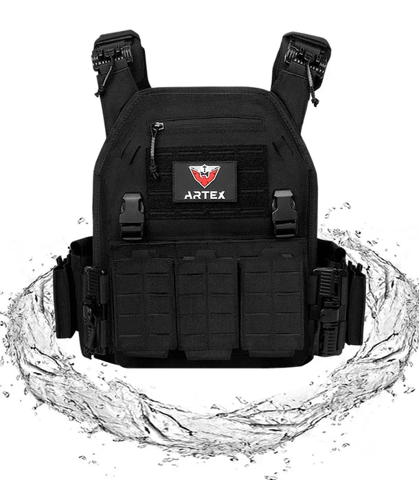 Tactical plate carrier vest in black with quick release and adjustable straps for hunting and outdoor gear