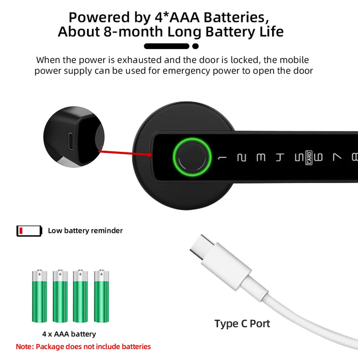Emergency Power & Backup Key – USB Type-C charging port and mechanical key included