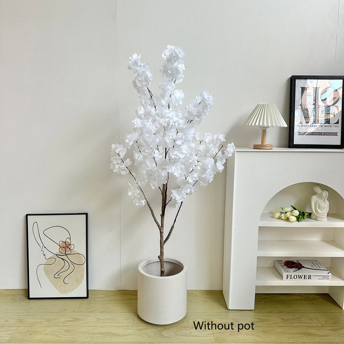Artificial White Cherry Tree Branches 130cm Faux Plant with Silk Leaves for Home Wedding Decoration