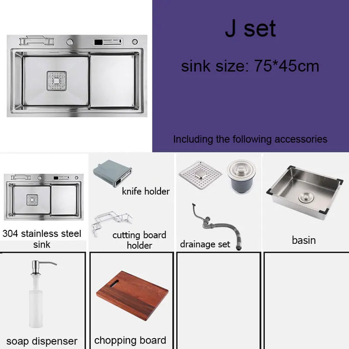Multifunctional Stainless Steel Kitchen Sink with Faucet & Rack silver 75x45cm C