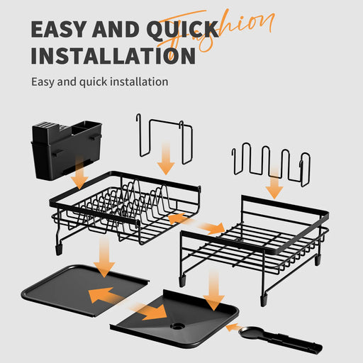 Expandable dish drying rack with drainboard and utensil holder in black