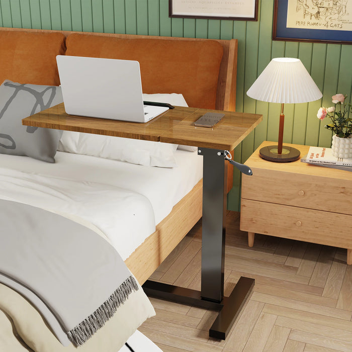 Adjustable overbed table with hidden rolling wheels in stylish brown color