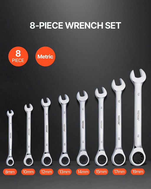 High-quality Cr-V steel metric ratcheting wrench set with organizer rack