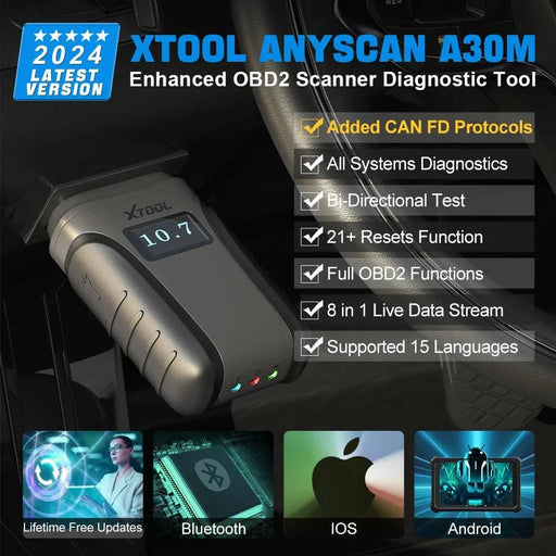 Bluetooth OBD2 Scanner Car Diagnostic Tool with 21+ Reset Services (A30M Without Cable) - Image showing the OBD2 scanner connected to a car's diagnostic port