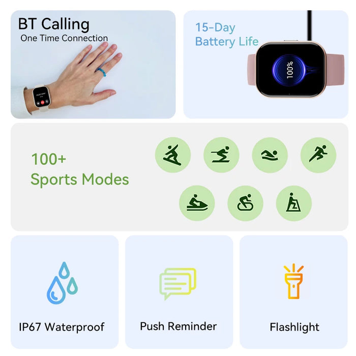 Smart Watch Waterproof with 15-Day Battery and Bluetooth Calling - Black