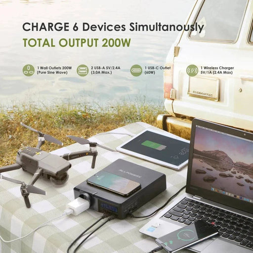 Portable power station with wireless smartphone charging (5V 1A, 24A max) and high capacity battery