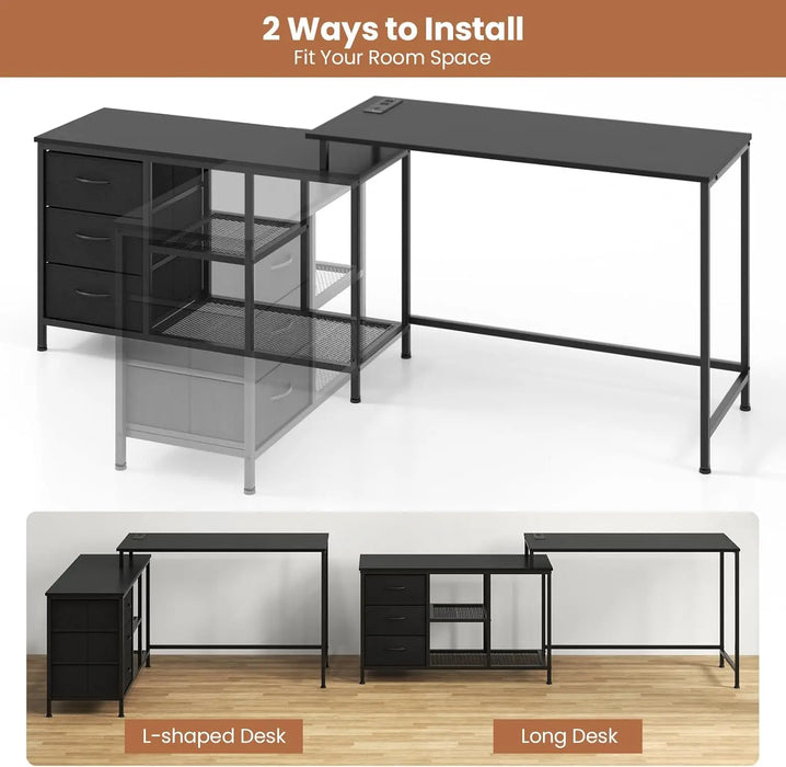 Large Convertible Office Desk with Built-In Power Outlet, 3 Fabric Drawers & Mesh Shelves 205cm