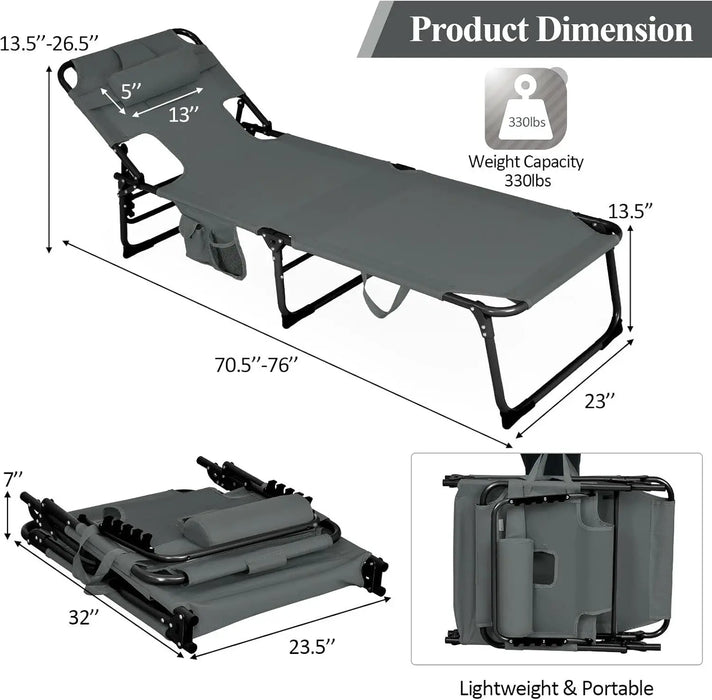 Portable Beach Lounge Chair with Face Opening, Removable Pillow & 5 Reclining Positions