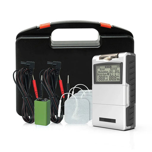 TENS unit muscle stimulator with electrode pads and user manual