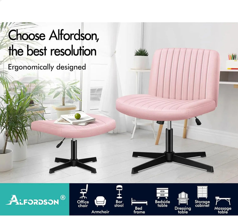 Armless Velvet Desk Chair with Ottoman Ergonomic Cross-Leg Base & Adjustable Tilt