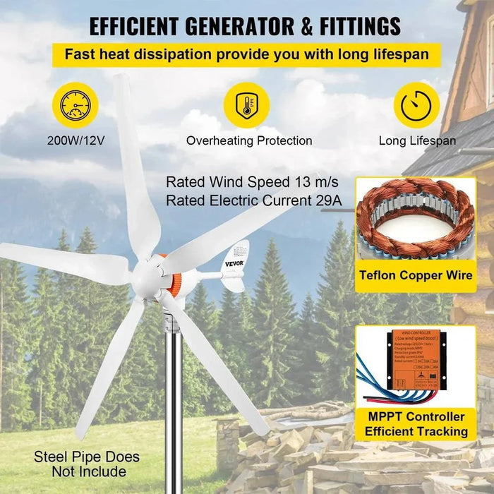 Wind Turbine Generator with MPPT, Charge Controller for Home, RV, Yacht, Farm Use (500W 5 Blades, MPPT Controller 2) - FLUXA