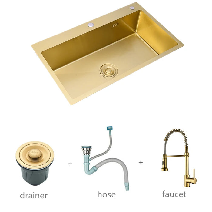 Gold Stainless Steel Kitchen Sink with Soap Dispenser and Drainer