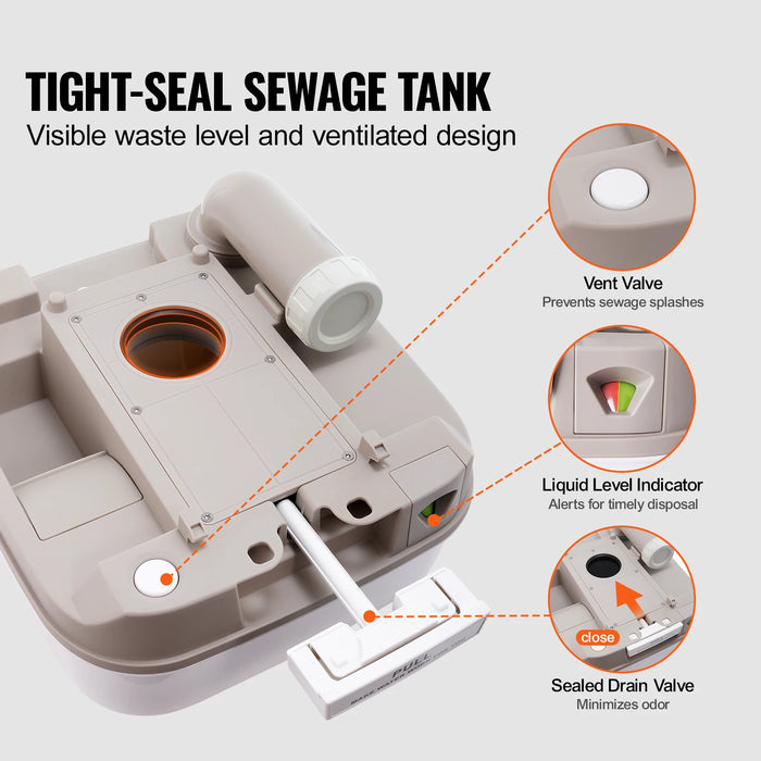 Portable camping toilet with 32L flush, 20L waste tank, pressurized pump