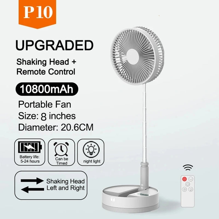 Portable 10800mAh white folding rechargeable fan with USB and remote control