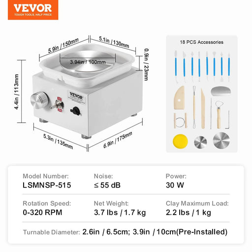 Mini Pottery Wheel 320RPM Adjustable Speed 2 Turntables 10cm/6cm White for Small-Scale Ceramic Creations