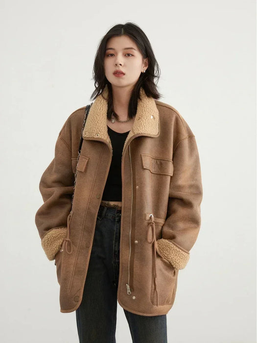 Thick warm coffee-colored suede reversible jacket with large size