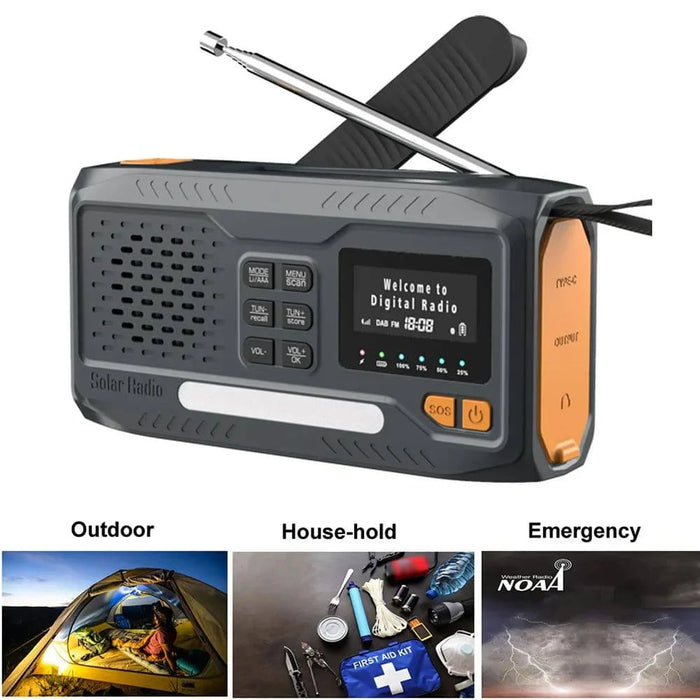 Portable Solar Powered DAB/FM Radio with Hand Crank, USB Charging, Bluetooth Speaker, LED Flashlight, SOS, and Power Bank - FLUXA