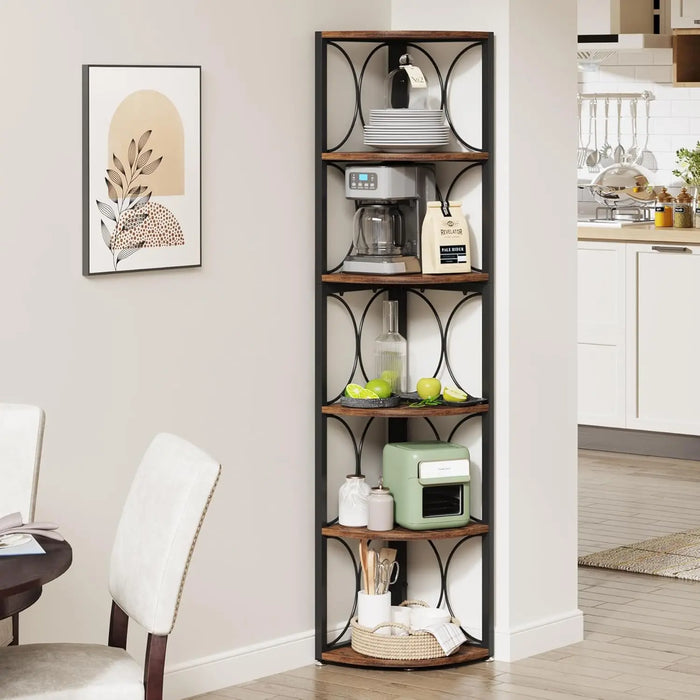 Tall Corner Bookshelf with 6 Shelves Rustic Wooden Storage Unit for Living Room