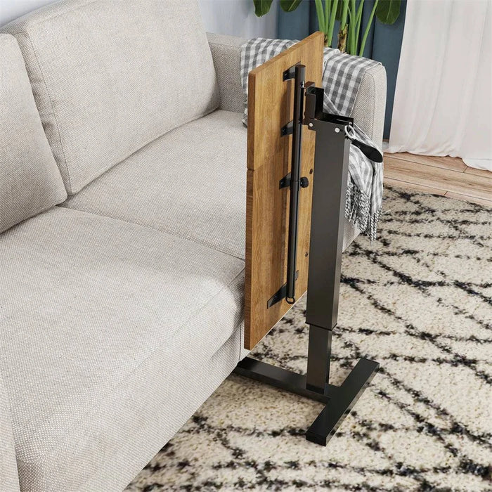 Sleek and modern MDF tabletop with oak finish and sturdy iron frame
