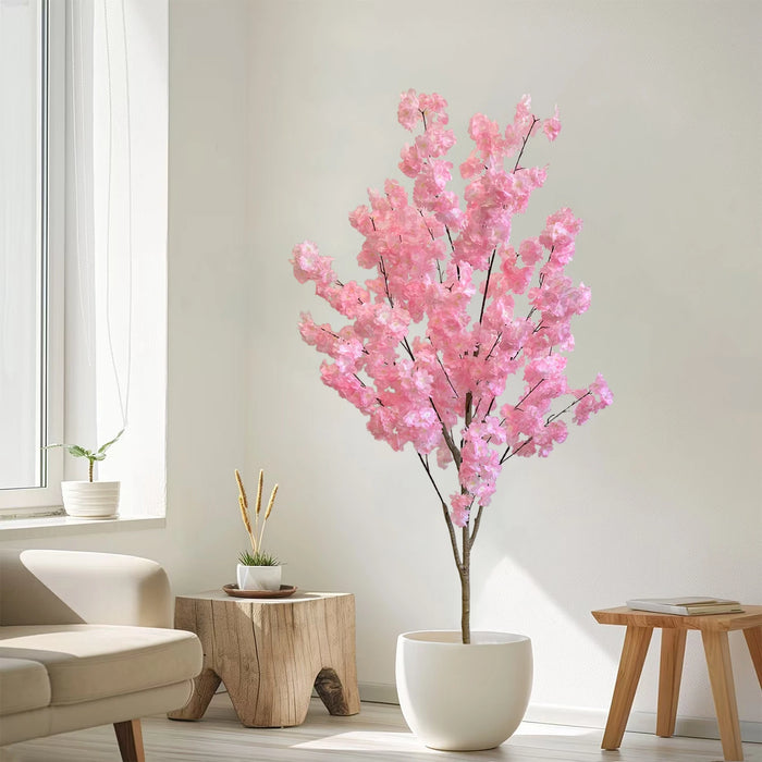 Faux Pink Cherry Blossom Tree 180CM, Natural Trunk, Silk Flowers, Indoor Decorative Plant
