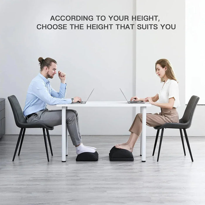 Adjustable memory foam foot rest providing ergonomic support for home office or travel