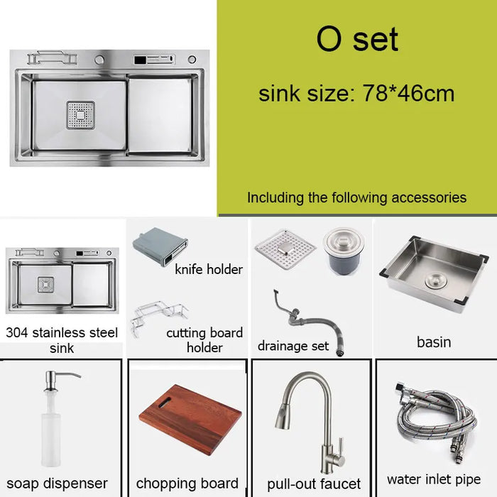 Multifunctional Stainless Steel Kitchen Sink with Faucet & Rack silver 78x46cm A