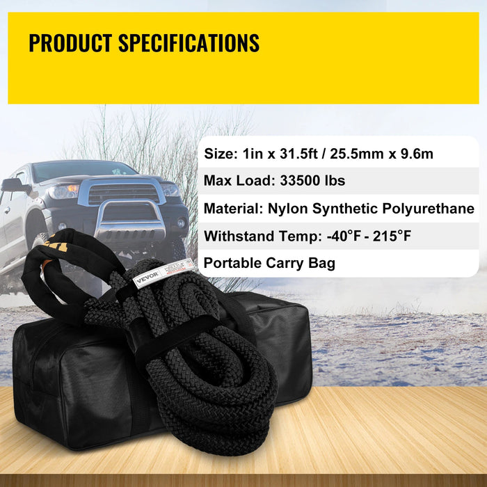 Heavy Duty Kinetic Recovery Tow Rope 15200kg Double Braided Nylon with Protective Sleeves - Black - Durable and strong recovery tow rope for heavy duty use
