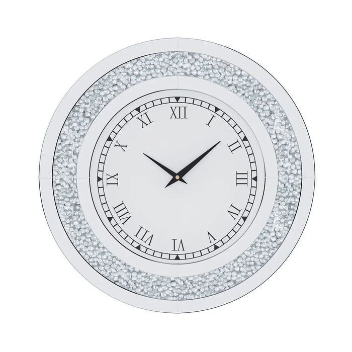 Silver Tinted Round Mirror Wall Clock with Crystal Accents in a Modern Living Space