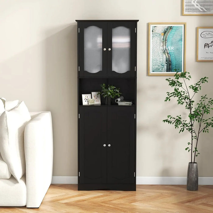 Tall Freestanding Storage Cabinet with Frosted Glass Doors, Adjustable Shelves and Open Compartment