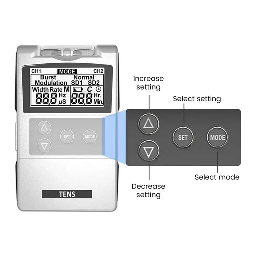 White digital TENS unit for pain relief and muscle recovery