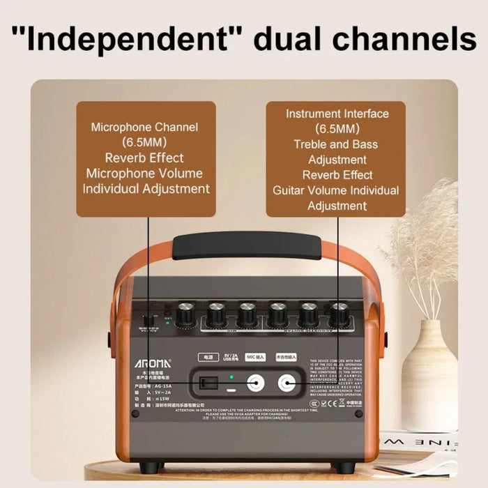 Acoustic Guitar Amplifier Bluetooth Speaker Rechargeable 15W Dual Channel (AG15A) in action, amplifying music wirelessly