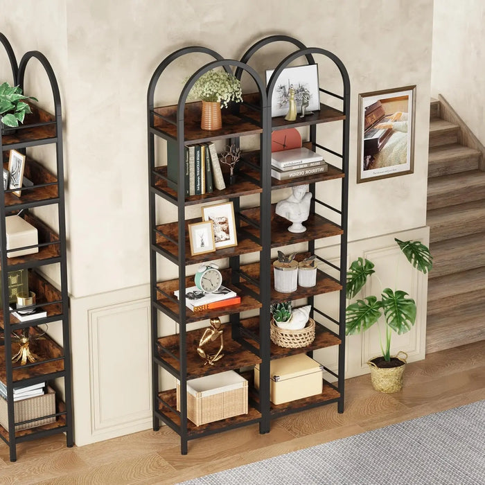 Space-Saving 200cm Rustic Brown Bookshelf Freestanding 6-Tier Metal Frame Storage Unit