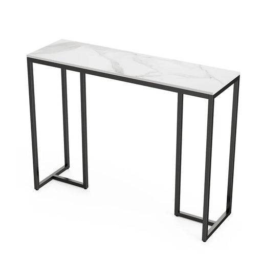 console table with light marble top and black metal legs