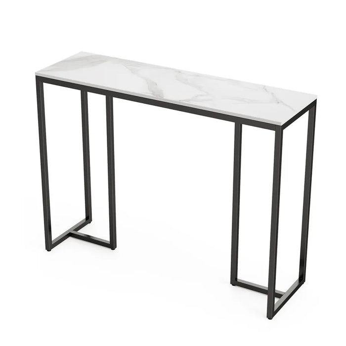console table with light marble top and black metal legs