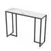 console table with light marble top and black metal legs