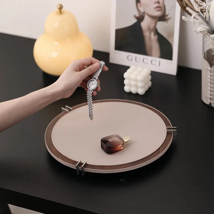 Round Walnut Leather Tray with Metal Frame for Home Decor