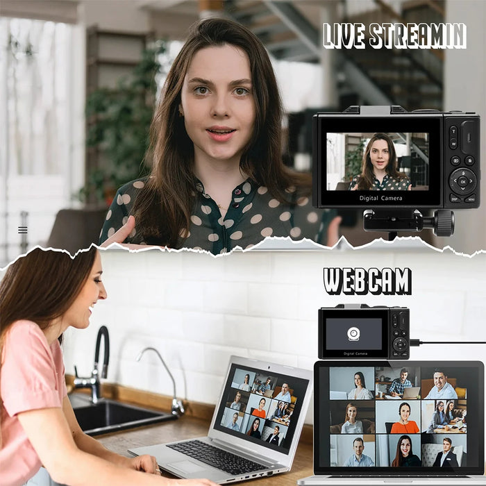 Compact camera with 3-inch flip screen, ideal for vlogging and photography