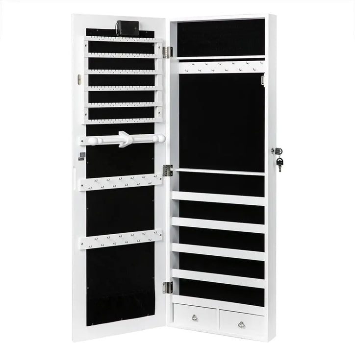 Lockable Jewelry Storage Cabinet with LED Touch Lights & Full-Length Mirror, Wall/Door Mountable