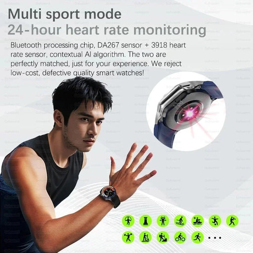 143 inch AMOLED smartwatch with Bluetooth call, 32GB memory, and heart rate tracker, featuring a brown leather strap