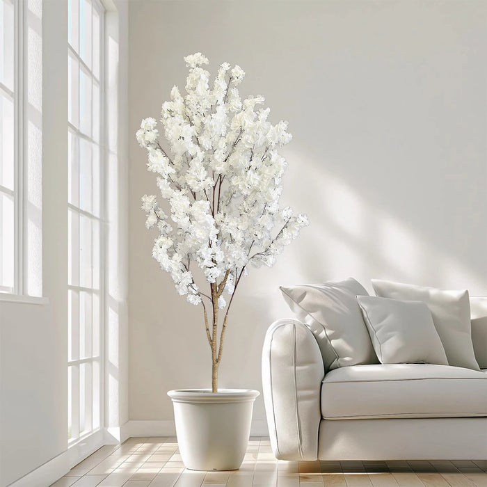 Artificial White Cherry Tree – Silk Blossom Faux Plant with Natural Trunk for Indoor Décor & Events, 150cm