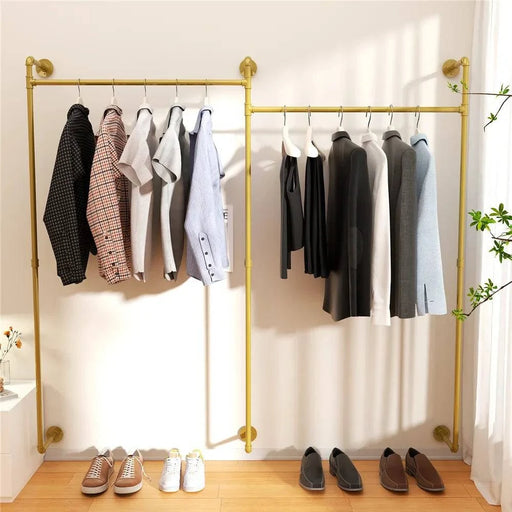 Wall-Mounted Industrial Pipe Clothes Rack with Double Tiers in Gold Finish