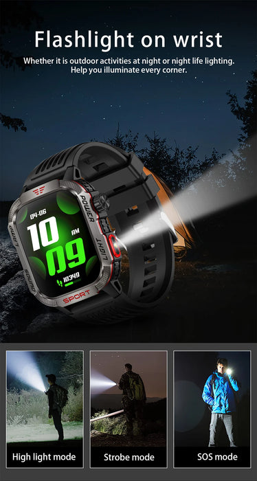 Outdoor Sports Smartwatch with Compass, Flashlight & Bluetooth Call – Black Silicone