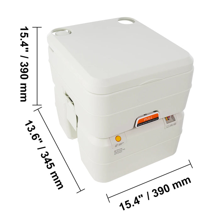 Portable camping toilet with 32L flush, 20L waste tank, pressurized pump, and level indicator