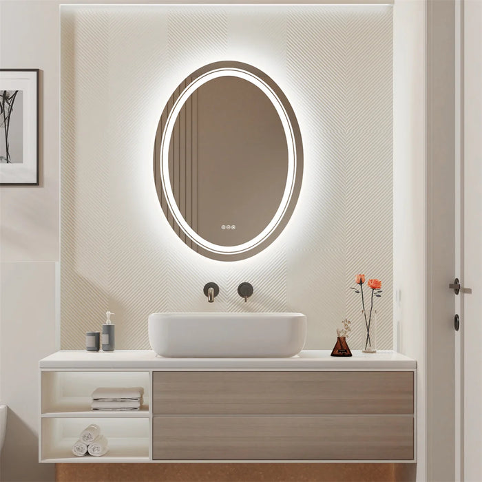 Modern oval frameless LED bathroom mirror with dimming and defog features