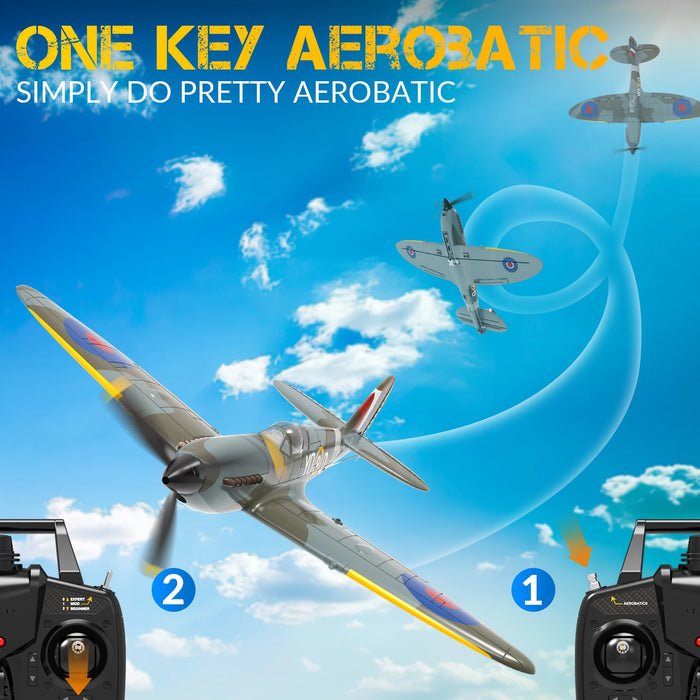 Remote Control Spitfire Warbird Plane 400mm Wingspan, 4CH, One-Key Aerobatics, 150m Range