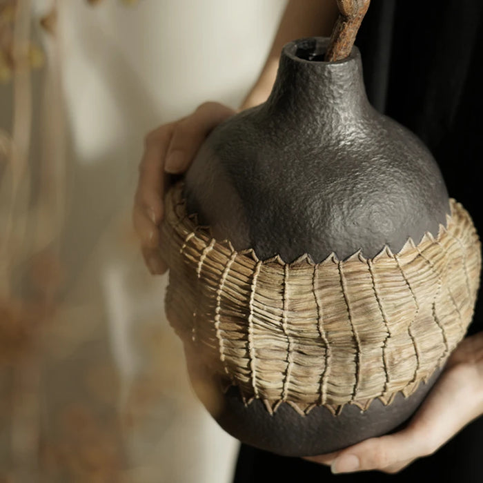 Decorative Resin Flower Vase with Rattan Patchwork Design