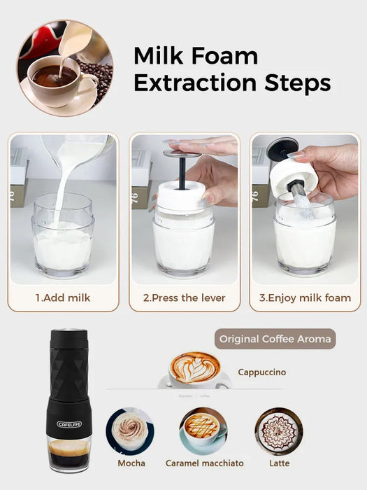 Compatible with Nespresso capsules, Dolce Gusto capsules, and ground coffee