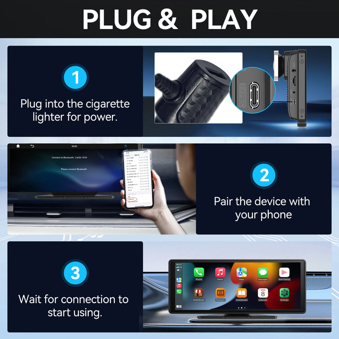 10" CarPlay Display with 1080p Dash Cam & Rear View TF Support