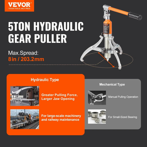 Heavy-duty 5 ton capacity hydraulic gear puller for effortless removal of gears, wheel bearings, and other components